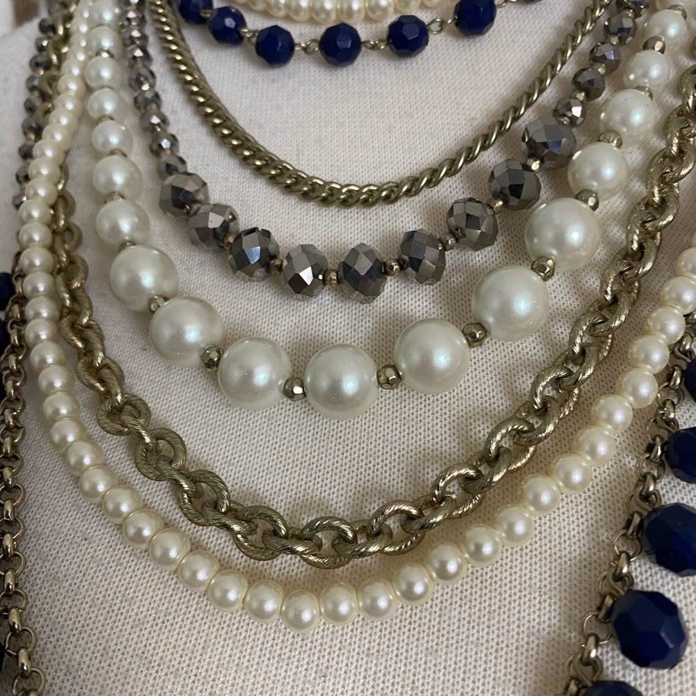 Offer?  AnnTaylor modern glamorous multi strand necklace chain pearl bold blue - Picture 7 of 10